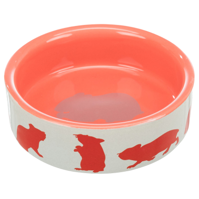 Comedouro redondo branco com interior laranja e silhuetas de pequenos roedores laranjas