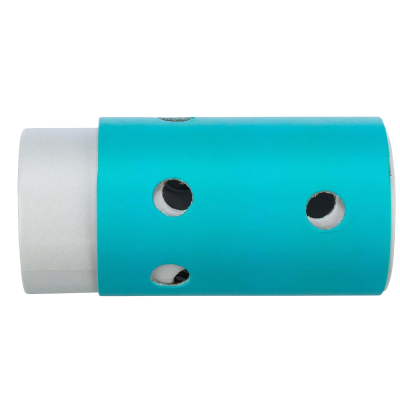 Dispositivo cilíndrico branco com capa azul e três orifícios circulares