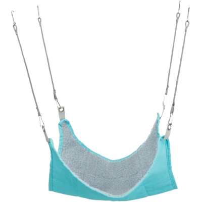 Rede para animais de estimação azul com interior em pelúcia cinza e correias ajustáveis