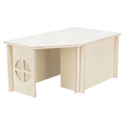 Mesa infantil de madeira clara com abertura decorativa na lateral.