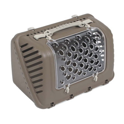 Caixa transportadora para animais de estimação em plástico castanho com porta frontal transparente ventilada