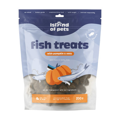 Embalagem de petiscos para cães e gatos com ilustração de peixe e abóbora