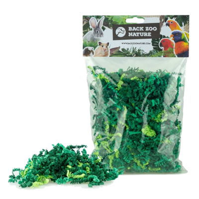 Embalagem com papel verde recortado para embalagem, com etiqueta Back Zoo Nature e imagens de animais