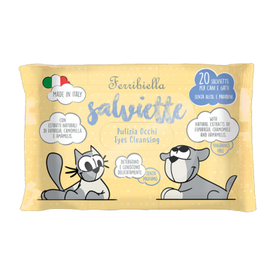 Pacote amarelo de toalhitas para limpeza de olhos de cães e gatos com desenhos de gato e cão