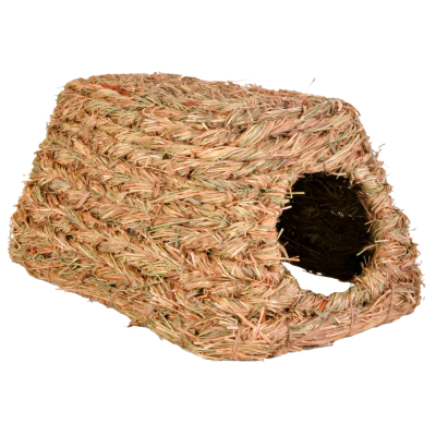 Abrigo de fibras naturais trançadas para animais com abertura circular