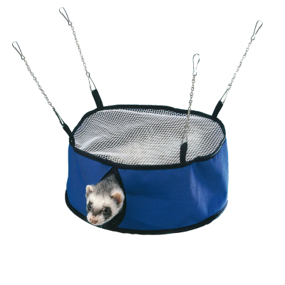 Rede suspensa azul para pequenos animais com malha branca e quatro correntes para pendurar