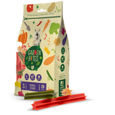 Pack de snacks dentais para cães Garden Bites com 28 peças e embalagem colorida com vegetais