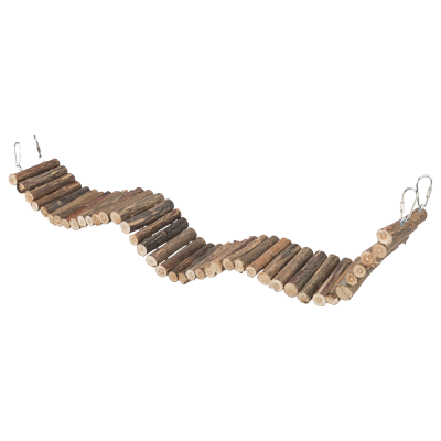 Brinquedo suspenso para animais feito de paus de madeira com ganchos metálicos