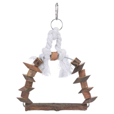 Balanço de pássaro triangular em madeira rústica e corda branca com anel metálico