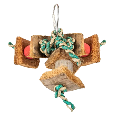 Brinquedo para pássaros em madeira, corda e fibra natural com bolas vermelhas