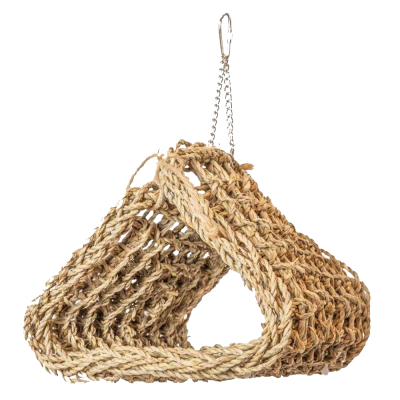 Cesto suspenso decorativo de corda trançada bege com corrente metálica