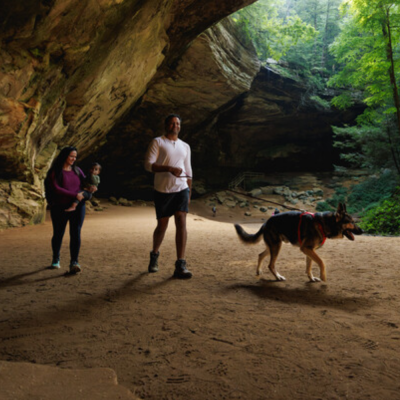 Cão Pastor Alemão com peitoral vermelho e família a caminhar em caverna com chão de terra