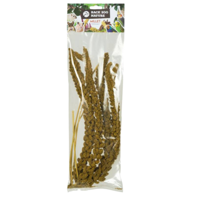 Pacote transparente com varas de millet seco e etiqueta com animais