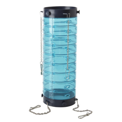 Recipiente cilíndrico azul com tampa preta e correntes metálicas