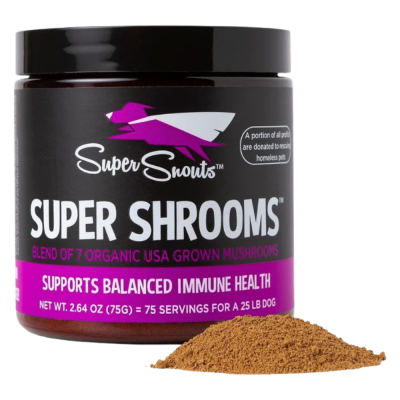 Frasco de suplemento em pó Super Snouts Super Shrooms com pó castanho ao lado