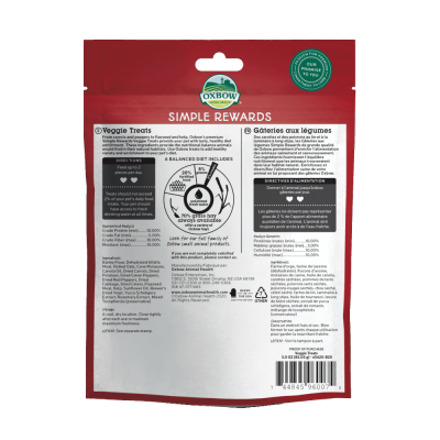 Embalagem vermelha e branca de snacks Oxbow com texto informativo