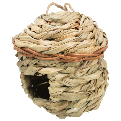 Casa de ramos entrelaçados em tons naturais, com abertura circular e alça de suspensão