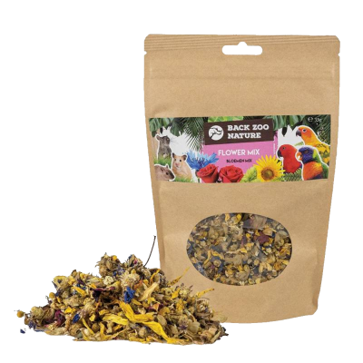 Saco de mistura de flores secas coloridas em papel castanho com janela e etiqueta colorida