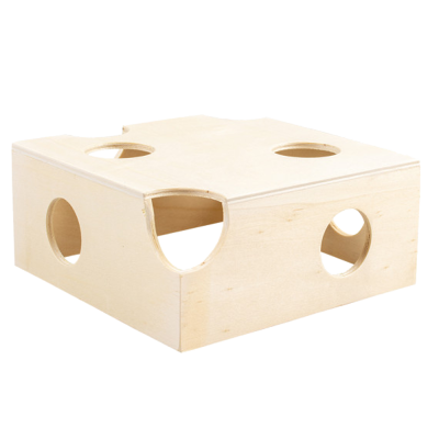 Estrutura cúbica de madeira clara com orifícios circulares.