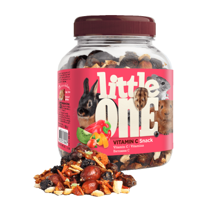 Recipiente de snacks para pequenos roedores com rótulo rosa e imagens de animais e frutas