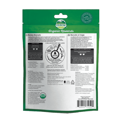 Parte traseira da embalagem de biscoitos orgânicos Oxbow com informações e tabela nutricional