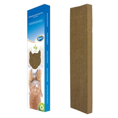 Poste para arranhar gatos de cartão ondulado com embalagem azul e branca