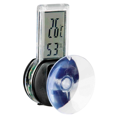 Termómetro digital preto com ventosa transparente e visor LCD.