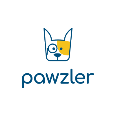 Logótipo de cabeça de cão branco e amarelo com texto pawzler em azul