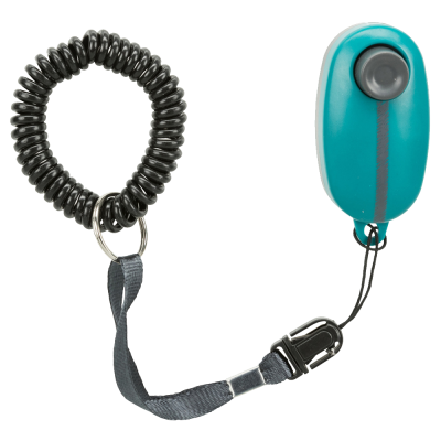 Dispositivo eletrônico azul com botão e pulseira elástica preta