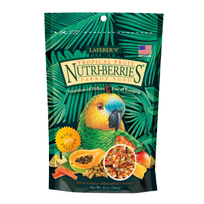 Pacote de alimento para papagaios Tropical Fruit Nutri-Berries com imagem de papagaio e frutas