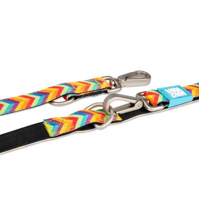 Trela colorida para animais com fecho metálico e padrão geométrico