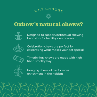 Texto promocional Oxbow's natural chews com ícones e fundo verde