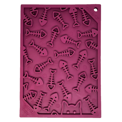 Moldes silicone rosa com formas de ossos de peixe e rosto de gato