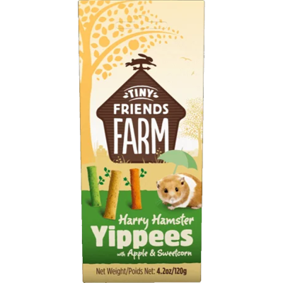 Caixa de snacks para hamster com imagem de hamster e snacks, texto TINY FRIENDS FARM e Harry Hamster Yippees.