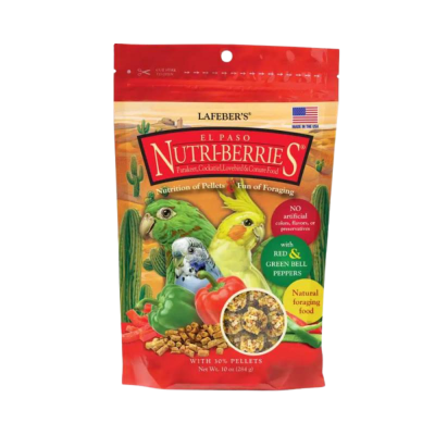 Embalagem de comida para pássaros Nutri-Berries El Paso com imagens de periquitos, cacatuas, e pimentos vermelho e verde.