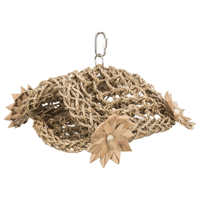 Saco rede castanho com flores decorativas e mosquetão prateado