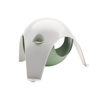 Suporte branco para vaso de plantas com interior verde claro em forma de esfera