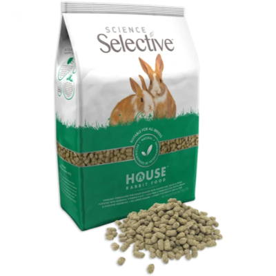 Saco verde e branco de ração Science Selective para coelhos com imagem de dois coelhos e pellets de ração.