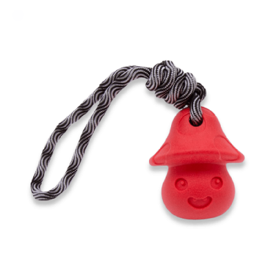 Chaveiro silicone cogumelo vermelho com rosto e cordão cinzento