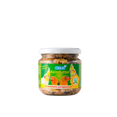 Frasco de ração para pássaros com etiqueta verde e imagens de aves