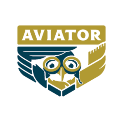 Logótipo AVIATOR com coruja estilizada e óculos de aviador em azul e dourado