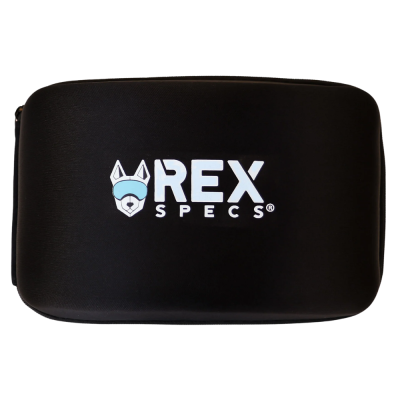 Estojo preto com logótipo REX SPECS e cabeça de cão