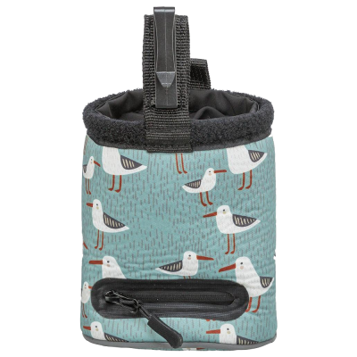 Saco para petiscos azul com padrão de gaivotas brancas e cinzentas e fecho de correr preto