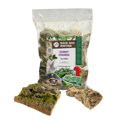 Pacote de cortiça com pedaços e rótulo com imagens de animais como coelho, tartaruga e papagaio