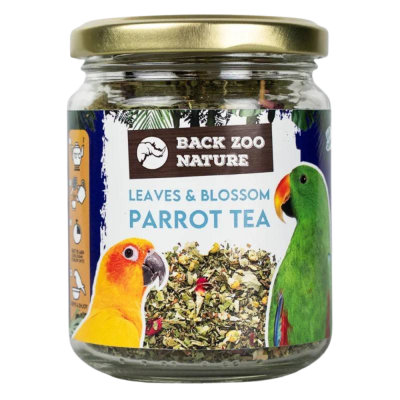 Frasco com chá de papagaio da marca BACK ZOO NATURE e imagens de papagaios na etiqueta
