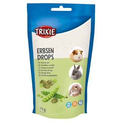 Embalagem azul e verde de pastilhas de ervilha para pequenos animais TRIXIE Erbsen Drops