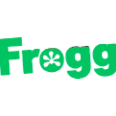 Logótipo 'Frogg' verde com flor estilizada no o sobre fundo preto