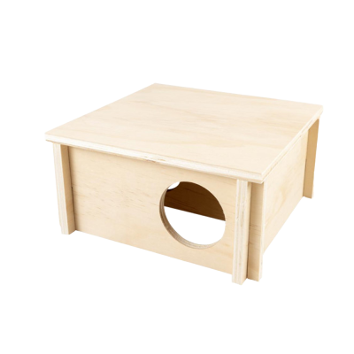 Casa para pequenos animais em madeira clara com entrada redonda