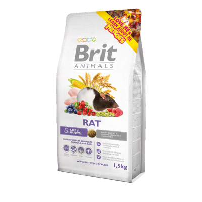 Saco branco de alimento para ratos Brit Animals 1,5 kg com imagens de milho, frutas vermelhas, carne e rato