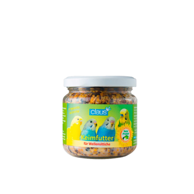 Frasco de comida para periquitos Claus com rótulo colorido e quatro periquitos na imagem